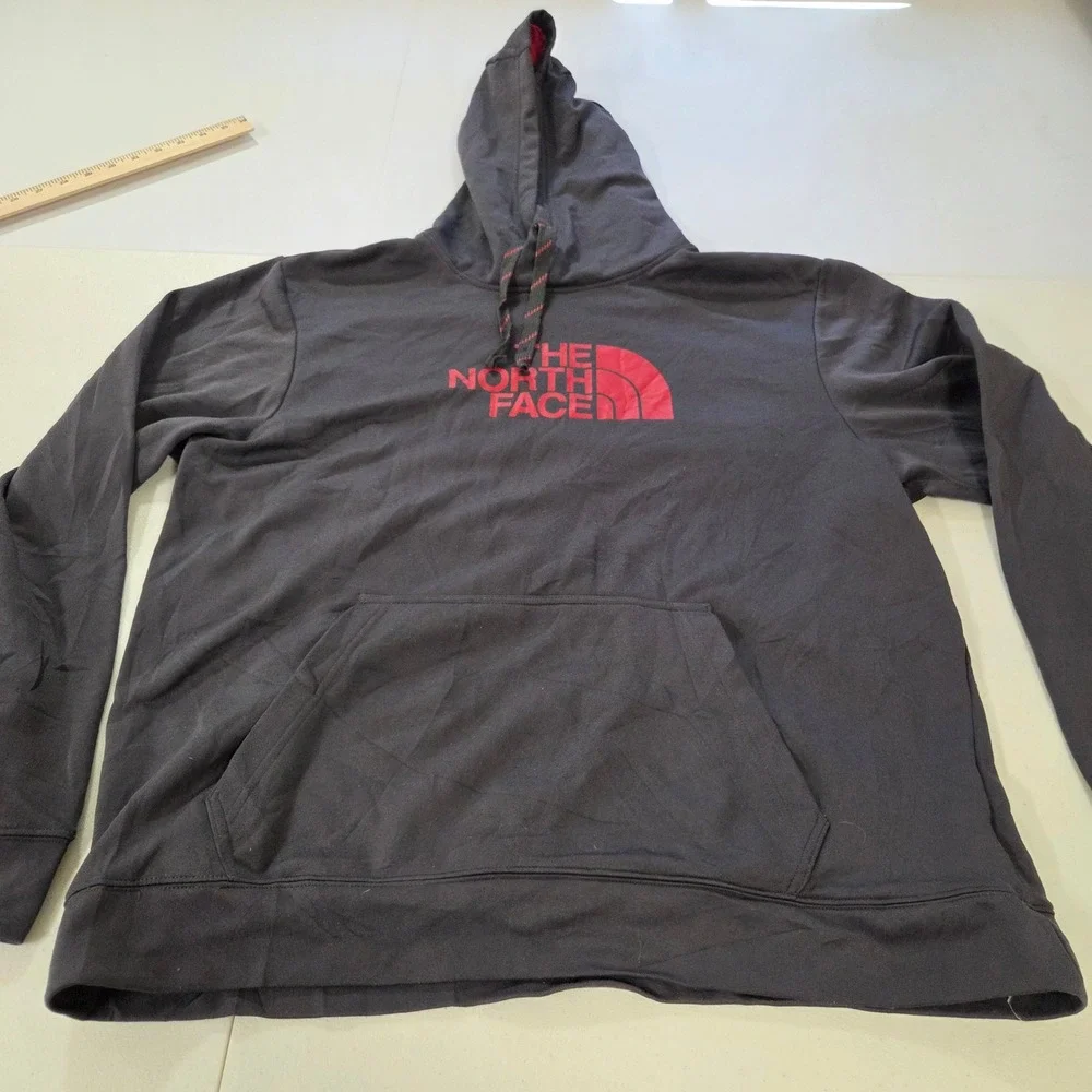 The North Face Mens XL Gray Red Logo Pullover Hoodie Polyester Sweatshirt